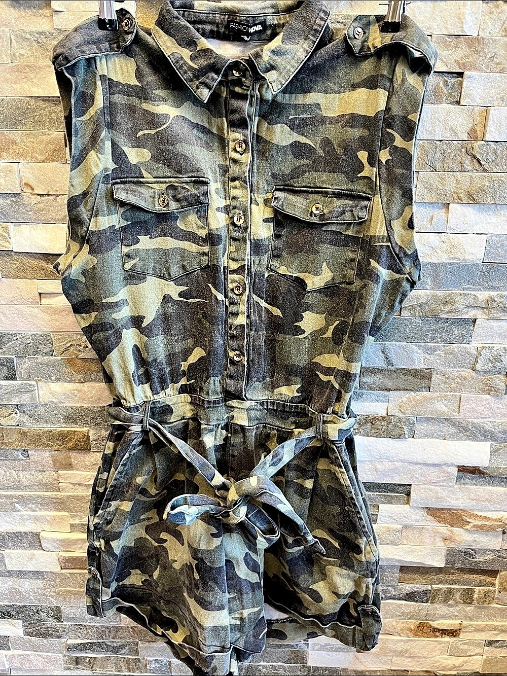 Fashion Nova Hayven Camo Romper in Green & Black